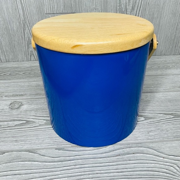 Vintage MCM Georges Briard Blue Vinyl & Wood Ice Bucket bar wear decoration - Picture 8 of 9